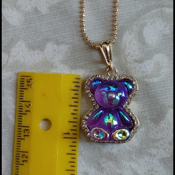 Iridescent Gummy Teddy Bear Pendant  on Chain Necklace Gold Plated Steel New - Picture 3 of 4